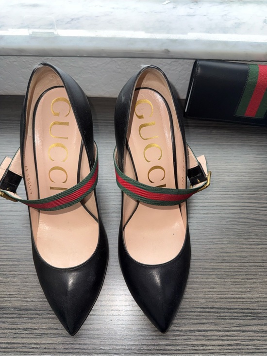 Gucci Shoes - Gucci Black Leather Mary Jane Pumps with Green-Red Web Strap.